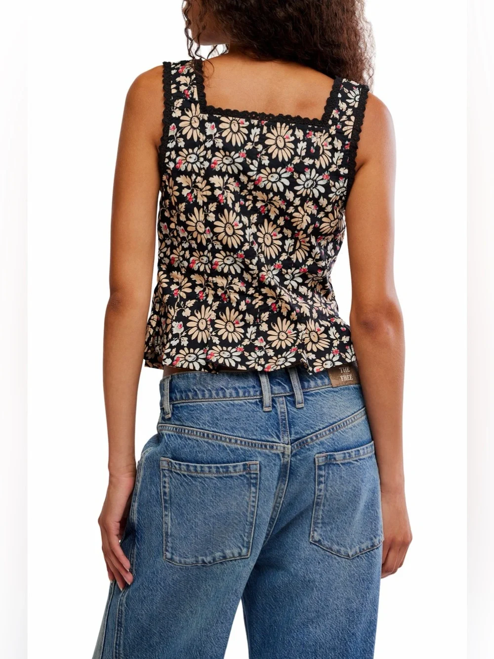 Free People Bridgette Corset Peplum Tank Top XS Black Floral Boho Retro Hippie